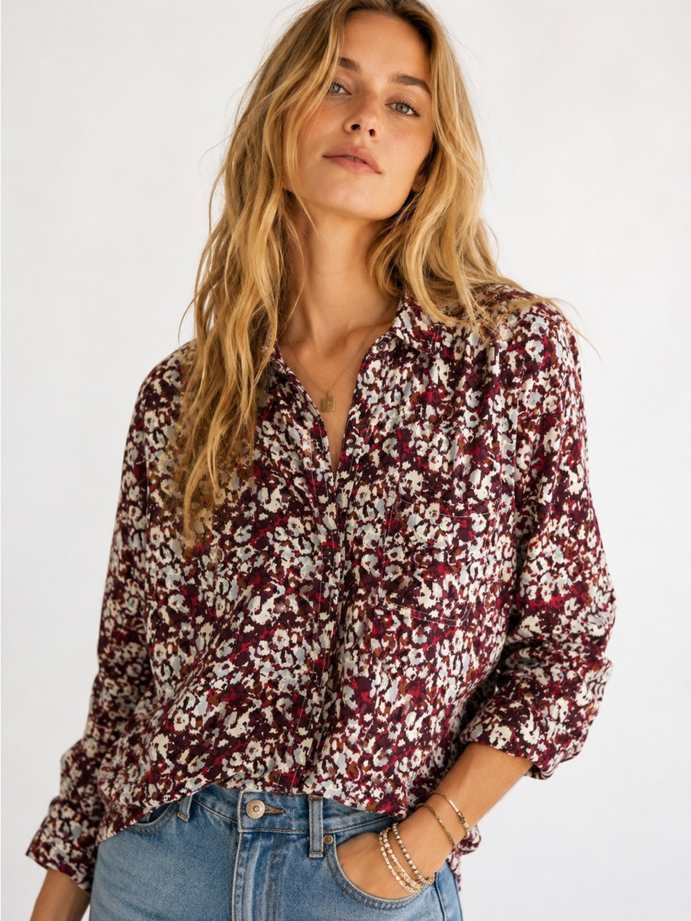 beachlunchlounge Burgundy Floral Button-Up Blouse